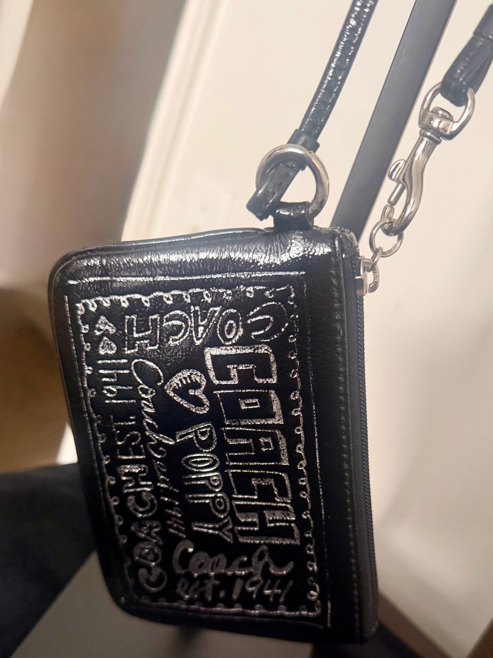 Coach Black Patent Leather Wristlet with Embroidered Logo Panel